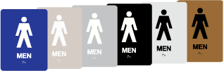 Choose from 210 standard tactile/braille signs. 6x8 & 6x6 sizes in 4 plastic colors, 6 metal options in 6 colors/finishes. Adhesive back. Grade I/II braille.